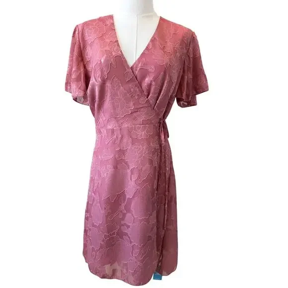 New CUPSHE Women's Rose Pink Aylin V-neck Flared Sleeve Mini Wrap Dress Size L - Picture 5 of 9